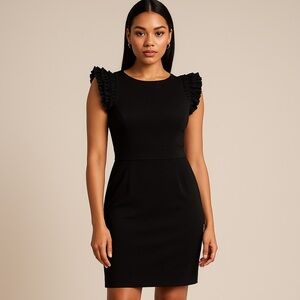 Saint Tropez West Black Ruffle Sleeve Sheath Size 8 Minimalist Quiet Luxury LBD